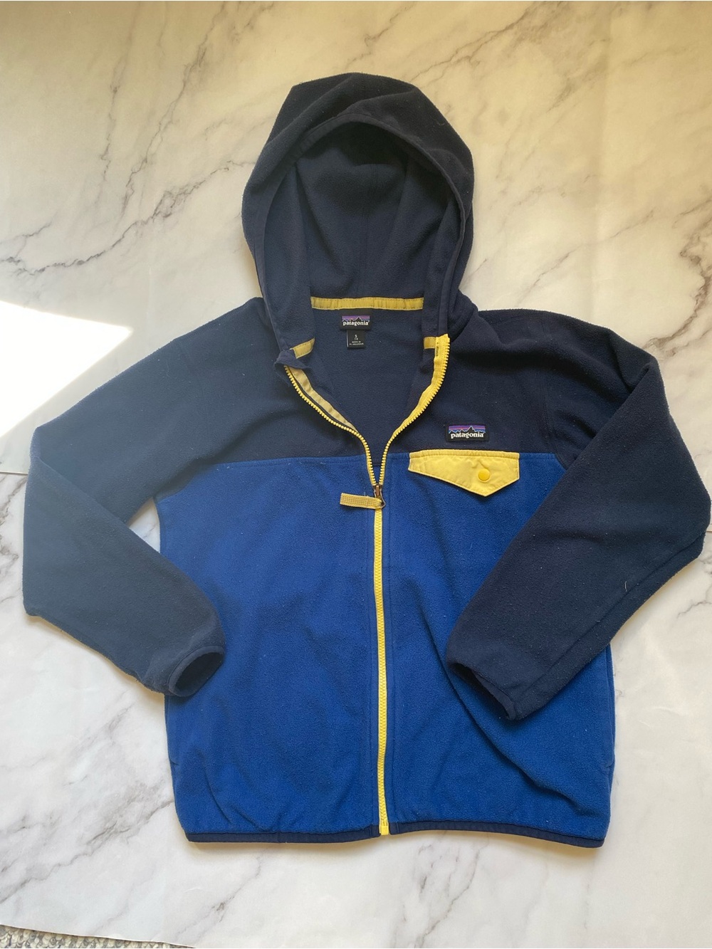 Patagonia Kids Navy & Blue Hooded Fleece with Yellow Accents